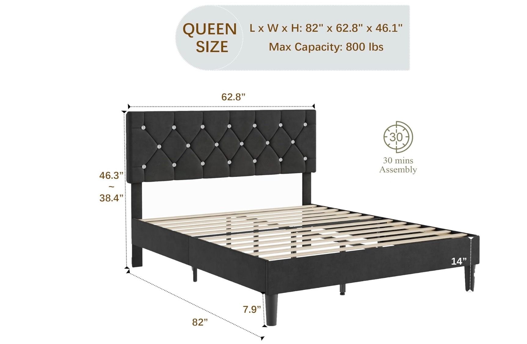 Black Velvet Upholstered Queen Bed Frame with Crystal Tufted Headboard – Platform Bed