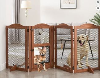 beeNbkks Freestanding Walk Through Pet Wooden Gate with Small Cat Door, Metal Mesh Wooden Dog Gates