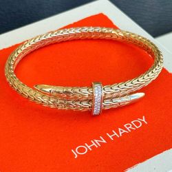 John Hardy Spear 14K Yellow Gold & 0.24CTW Diamond Pavé Flex Cuff Bracelet XL 5.5mm MSRP $8900
