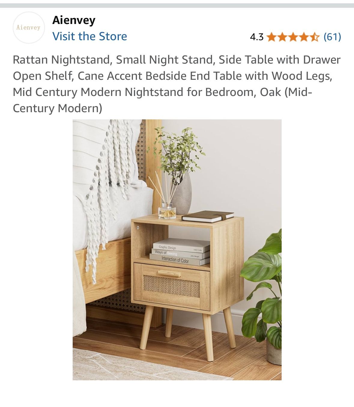 Mid Century Modern Nightstand with Rattan Drawer