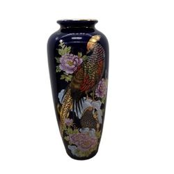 Vintage Mid Century Bijutsu Toki Vase with Pheasant Birds & Flowers