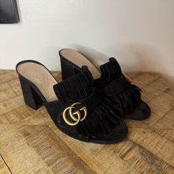 Gucci Black Suede Fringe Chunky Heel Pumps Size 8.5