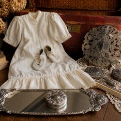 Antique Collection: Baby Christening Gown & Shoes, Red Leather Suitcase, Silver-Plated Trivet and Vintage Silver-Plated Vanity Tray