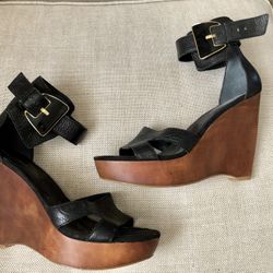 Nine West Wooden black leather wedges