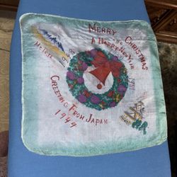 Vintage Japan silk handkerchief doilie scarf 12x12  Handpainted  dated 1(contact info removed) Christmas Mt Fuji