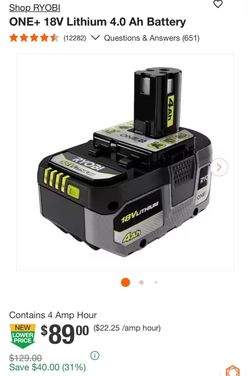 Ryobi ONE+ 18V Lithium 4.0 Ah Battery