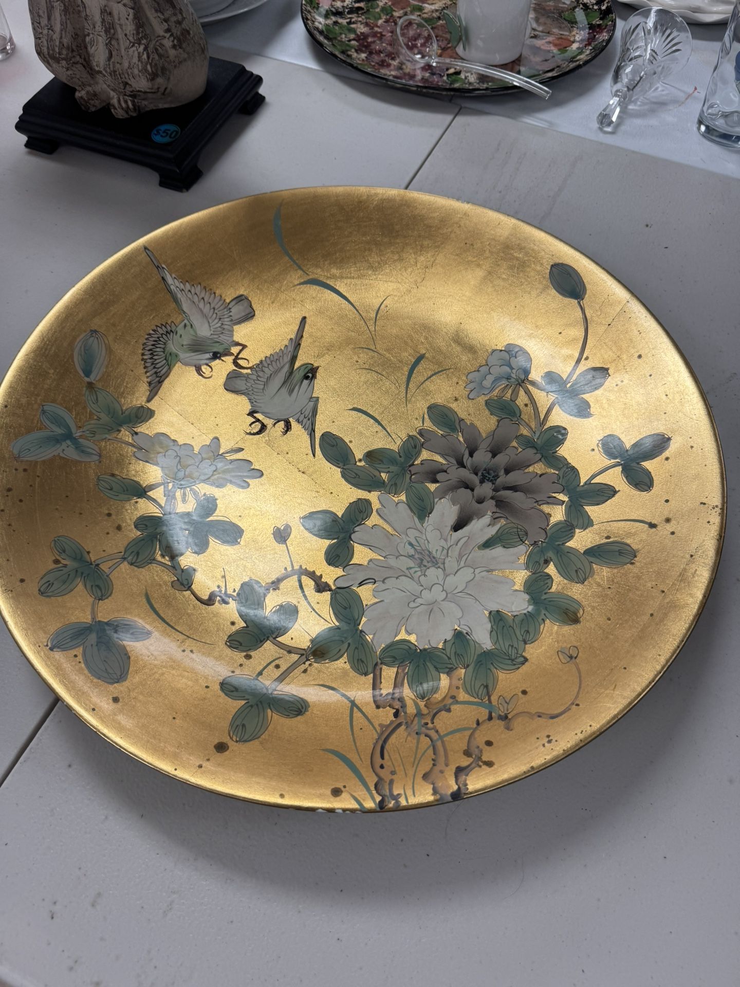 Chinese Chrysanthemum & Bird 24K Gold Leaf 10" Centerpiece Plate -Vintage