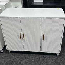 Modern Farmhouse Entryway Accent Storage Cabinet, Waveform Fluted Panel Kitchen Buffet Sideboard with Storage, White