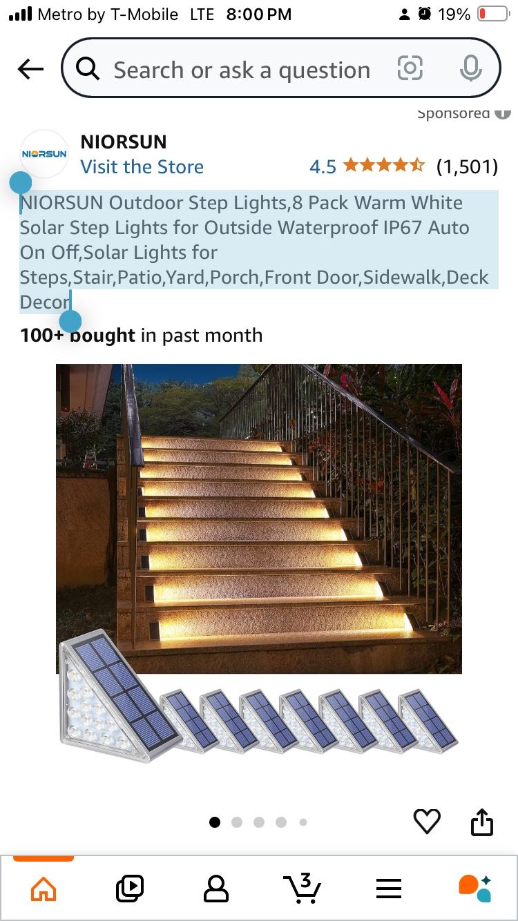NIORSUN Outdoor Step Lights,8 Pack Warm White Solar Step Lights for Outside Waterproof IP67 Auto On Off,Solar Lights for Steps,Stair,Patio,Yard,Porch,