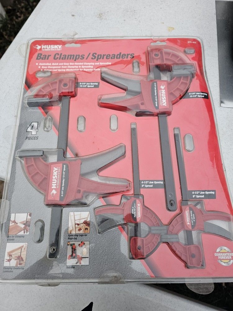 HUSKY TOOLS SET OF 4 BAR CLAMPS/ SPREADERS, LIFETIME WARRANTY