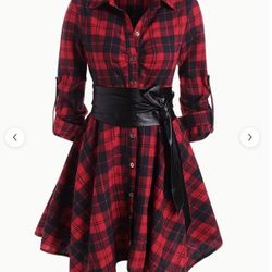 Ladies 14 New Red and Black Plaid Long Sleeve Dress with Belt