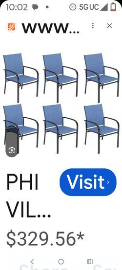 This item is an outdoor stacking sling patio dining chair with a blue textilene fabric seat and back