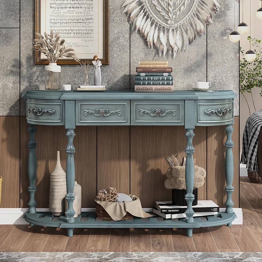 Antique Blue Classic Style Curved Console Table with 4 Drawers and 1 Shelf Semi-Circle MDF Wood Painted