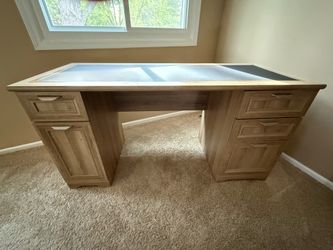 Executive Office Desk with Faux Leather Top – Solid Wood Look, Storage Drawers