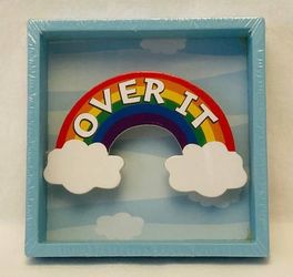 Rainbow shadow box 3D plaque “Over It” 4.75” square blue brand new
