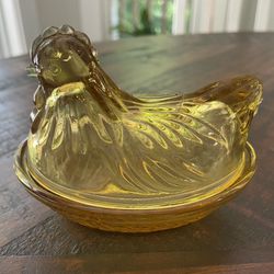 Vintage Indiana Glass Amber Gold Rooster/ Hen On Nest Candy Dish 