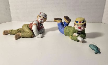 Vintage 1986 MSR Imports, Inc. Hobo Clown Fishing Ceramic Figurines Set of 2