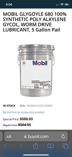 NEW (2) MOBIL GLYGOYLE 680 100% SYNTHETIC POLY ALKYLENE GYCOL, WORM DRIVE LUBRICANT, 5 Gallon Pail