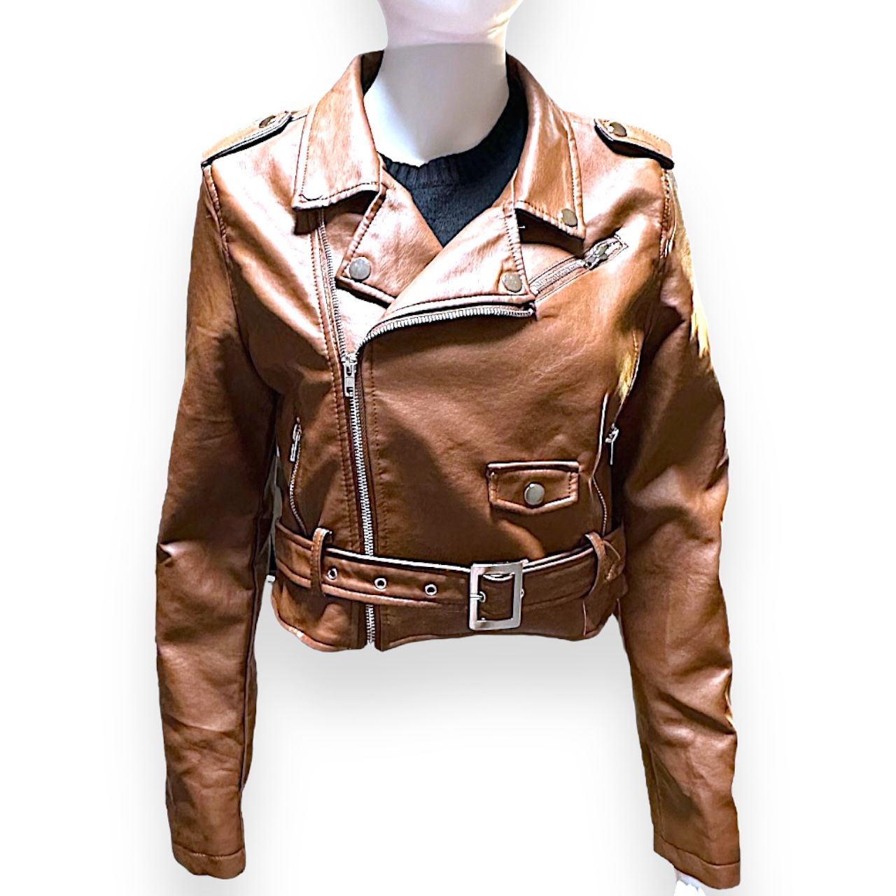 Ashley 26 International Brown Faux Leather Moto-Jacket Medium