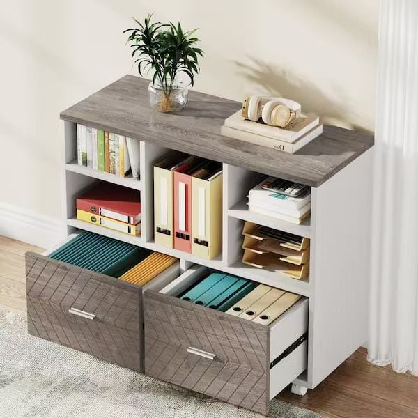 Atencio 2-Drawer Gray and White Wood 39.37 in. W Lateral Mobile File Cabinet with Open Storage Shelves and Casters. $90