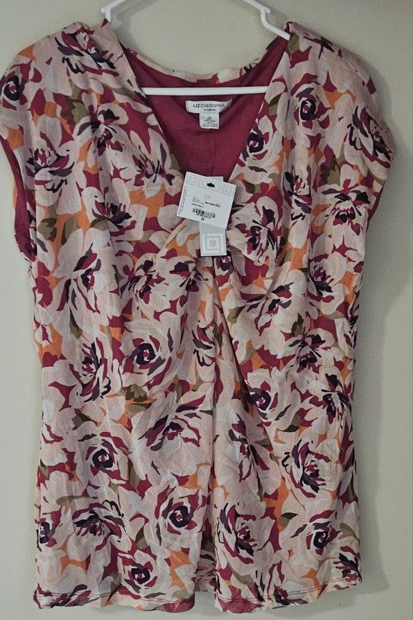 2X NWT Liz Claiborne Enchanted Floral Ruched Neckline Top
