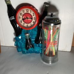 Vintage Coca Cola Straw Dispenser Glass Holder Jar Coke Bottle Soda Drink Diner And Clock
