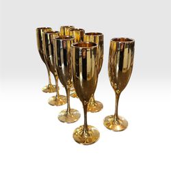 Set of 8 Elegant Gold Glass Champagne Flutes