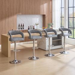 25.59 in. H Gray Metal Bar Stools with Faux Leather Seat Set of 4 Adjustable Kitchen Island Stools with Footrest