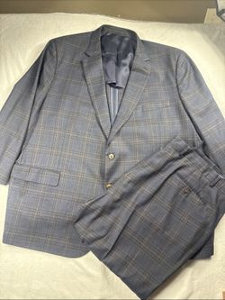 J Hilburn custom 100% Wool Suit 52R Coat 46x28 Pants Blue Brown Plaid Pattern