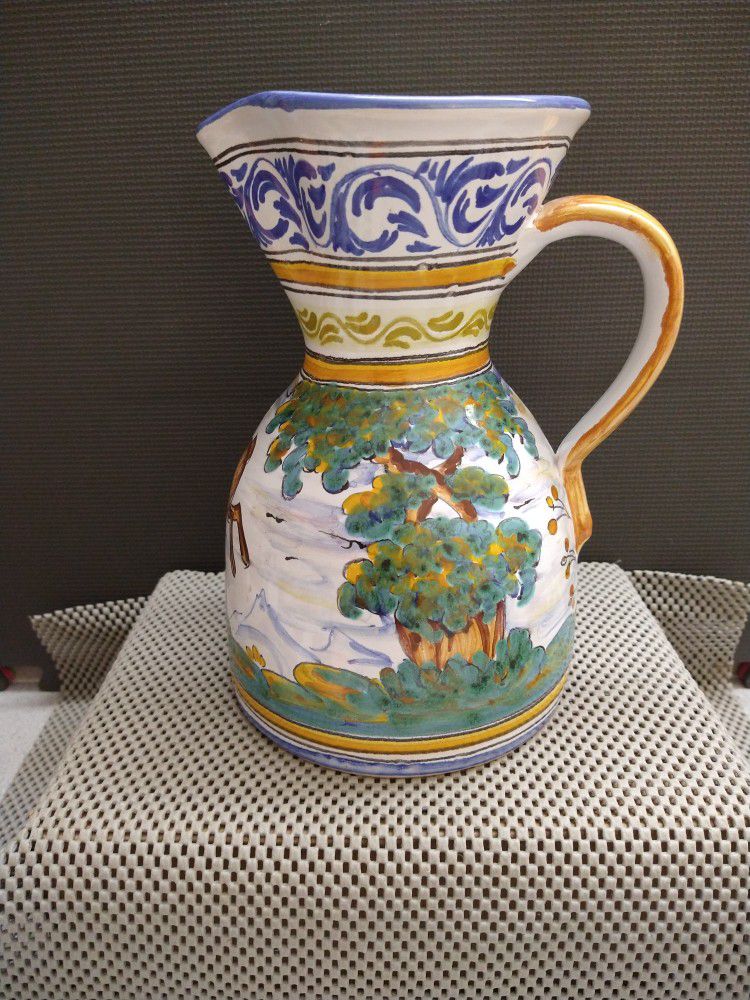 Spanish Art Pottery Hand Painted Pitcher 