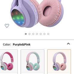 Bluetooth Headphones Light Up, Foldable Stero Wireless Headset with Microphone and Volume Control for PC/Cell Phones/TV/iPad (Purple&Pink)