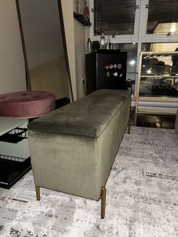 Olive Green Velvet Storage Bench / Ottoman with Gold Legs