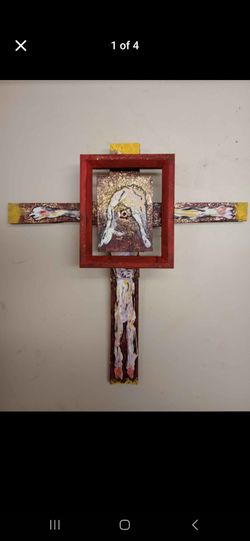 Crucifixion Jesus Assemblage Folk Art *40.00* Acrylic on Wood 14.5" x 14.5" Artwork