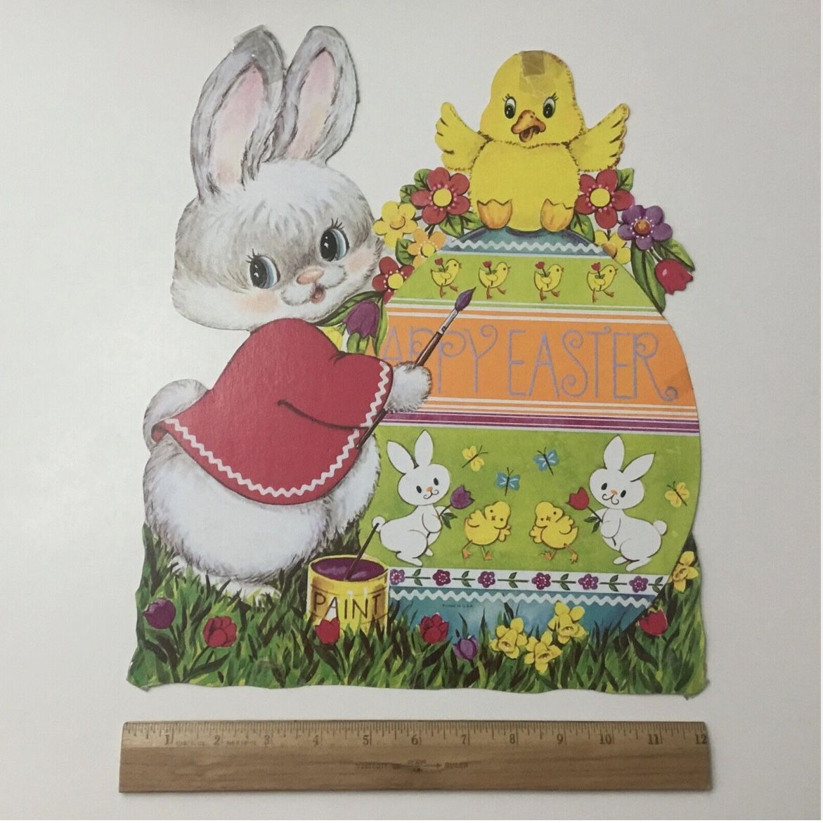 Lot Of 4 Vintage Easter Decor Cardstock Die Cut Eureka  USA  Kitten  Cat  Egg  Flower Lamb Chick Girl Bunny