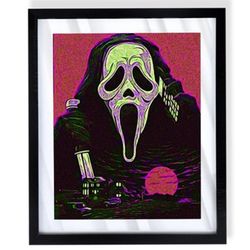 Custom Art Piece Retro Ghostface from Scream Franchise with black frame