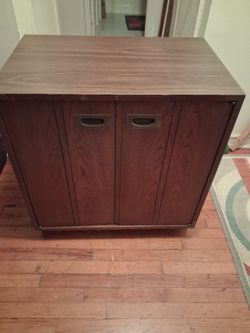 Vintage wood Cabinet 2 shelfs open doors with recessed handles
