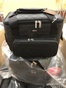 Set Of 10 MUA Quilted Travel Duffel Bag Carry On Barber Supply Beauty Hair Nail Crafting Sewing Quilt Storage Portable Organizer Shoulder Strap Black