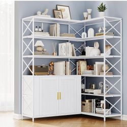 Corner Bookshelf 6 Tier, L Shaped Bookcase with Rattan Storage Cabinet, Wooden Corner Bookcase with Open Shelves and Metal Frame