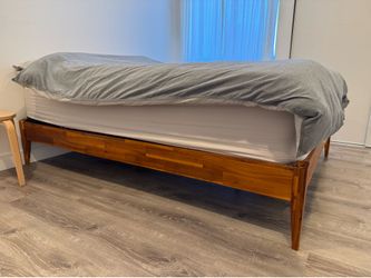 Queen Bed Frame - Caramel Brown, Solid Wood, Mid-Century Modern