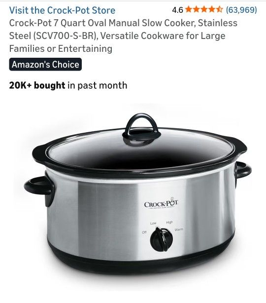 Crock-Pot 7 Quart Oval Manual Slow Cooker, Stainless Steel (SCV700-S-BR), Versatile Cookware for Large Families or Entertaining