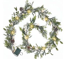 gudegou 6ft snowy garland christmas, pre-lit garland with 20 led lights, pine cones, white berry&ball, battery operated with timer, indoor christmas d