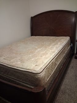 Queen Bed, Frame, Headboard, Footboard, Mattress, & Box Spring.