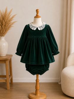 NWT Nordstrom Baby Girl Velvet Dress Bloomers Set Green Lace Collar 24M