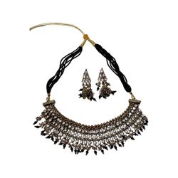 Black Gold Indian Rhinestones Beaded Chocker Necklace Set