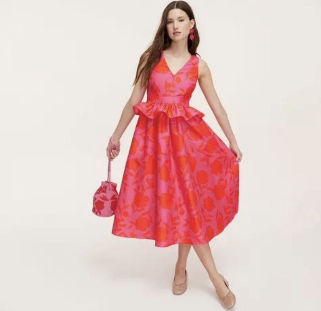 Dress Kate Spade Classic Rose Peplum Midi Dress Pink Red Taffeta