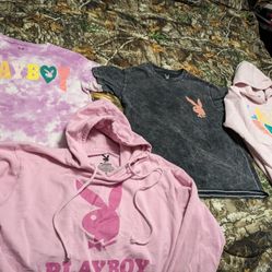Playboy Sweaters hoodie pink (2) $10 ea and Tshirts $5 ea.1 pink -1 black. All size Small. women's, Teenagers, Girls, School,work, Mall, gym.
