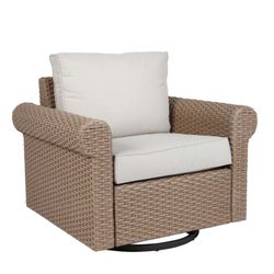 Allen + Roth Emerald Cove Wicker Brown Steel Frame Swivel Glider Chair With Cream Cushioned Seat