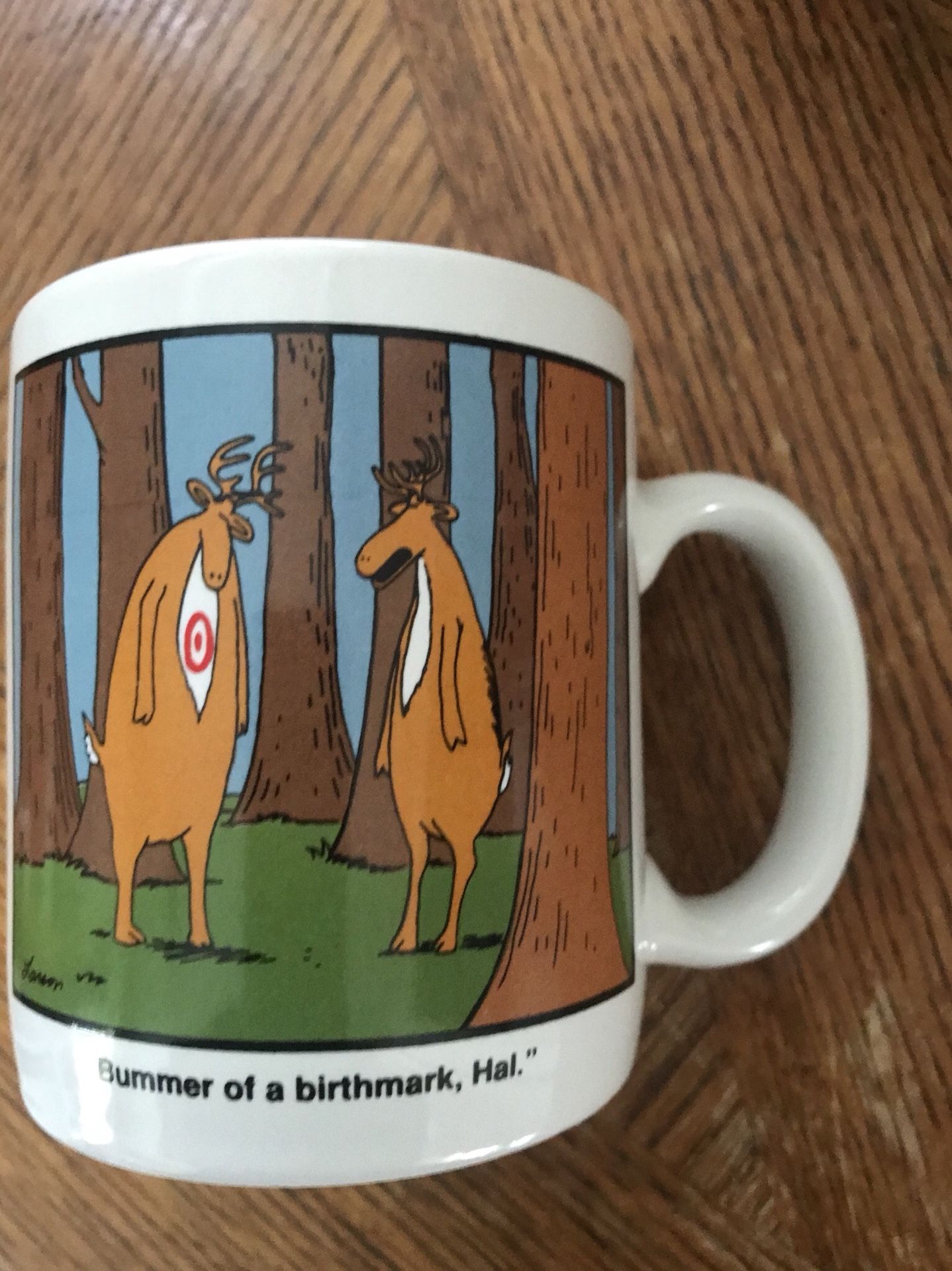 Far side coffee mug “bummer of a birthmark”