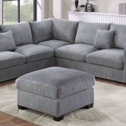 New Gray Or White Corduroy Sectional And Ottoman Sofa Couch 