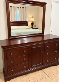 Cherry Wood Dresser with Mirror with bed frame and nightstand